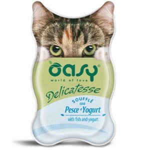 Κονσέρβα για ενήλικη γάτα OASY DELICATESSE SOUFFLE ADULT ψάρι-γιαούρτι 85gr (18 τεμάχια)
