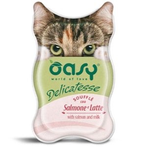 Κονσέρβα για ενήλικη γάτα OASY DELICATESSE SOUFFLE ADULT σολομός - γάλα 85gr (18 τεμάχια)