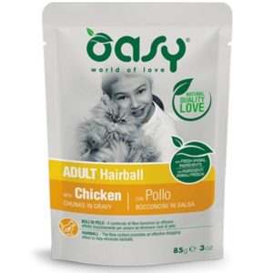 Τροφή γάτας φακελάκι OASY ADULT HAIRBALL chicken 85gr συσκευασία 12 τεμαχίων