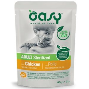 Τροφή γάτας φακελάκι OASY ADULT STERILISED chicken 85gr συσκευασία 12 τεμαχίων