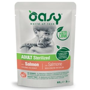 Τροφή γάτας φακελάκι OASY ADULT STERILISED salmon 85gr συσκευασία 12 τεμαχίων